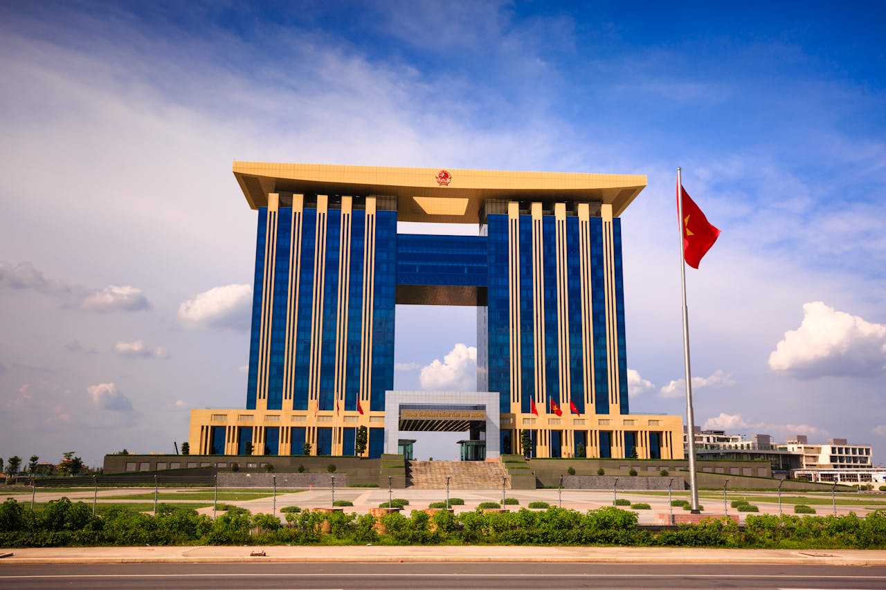 services-03 A striking modern architectural facade of a government building in Binh Duong, Vietnam.